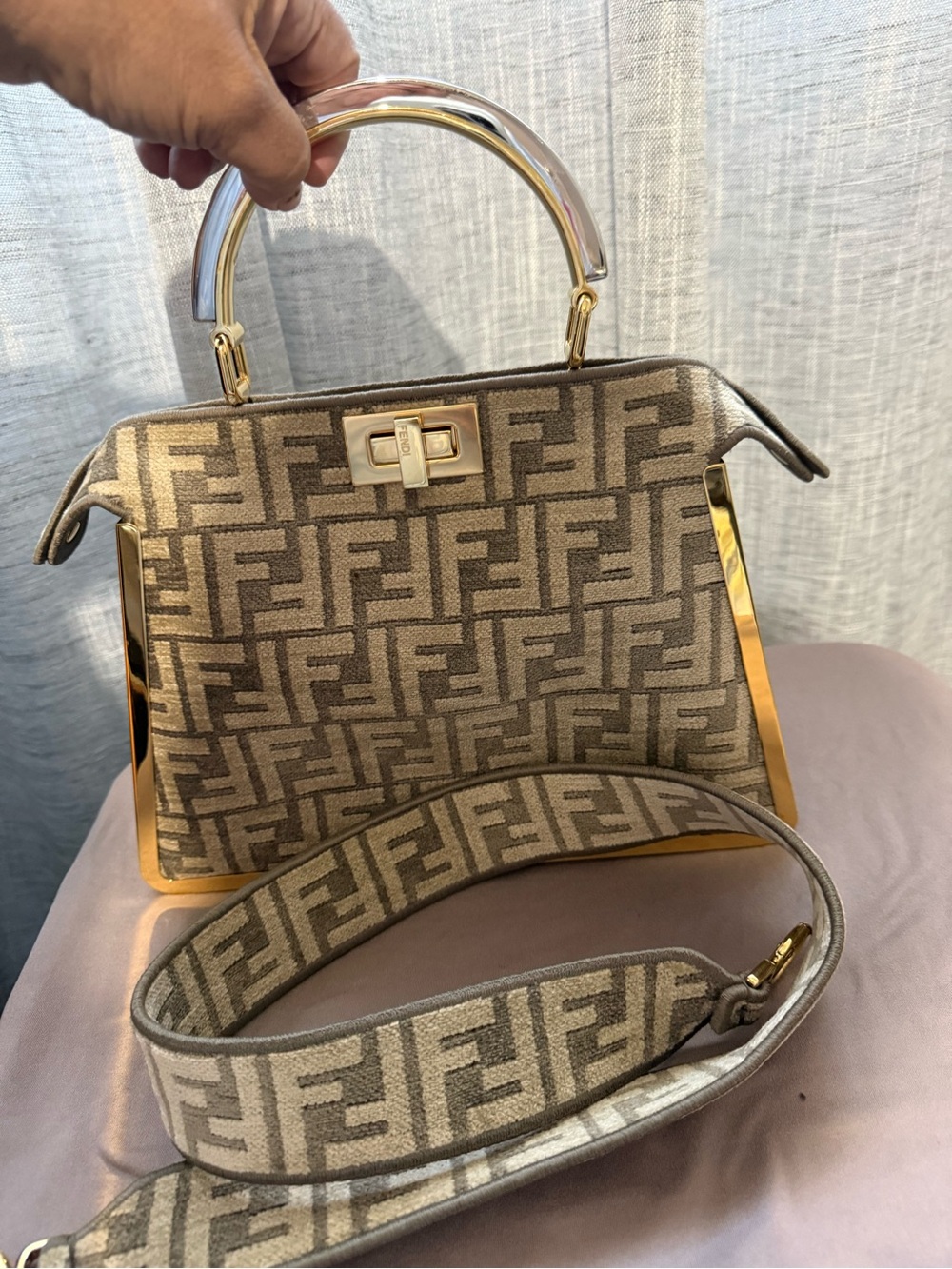 Fendi Beige/Brown FF Logo Satchel with Gold Accents